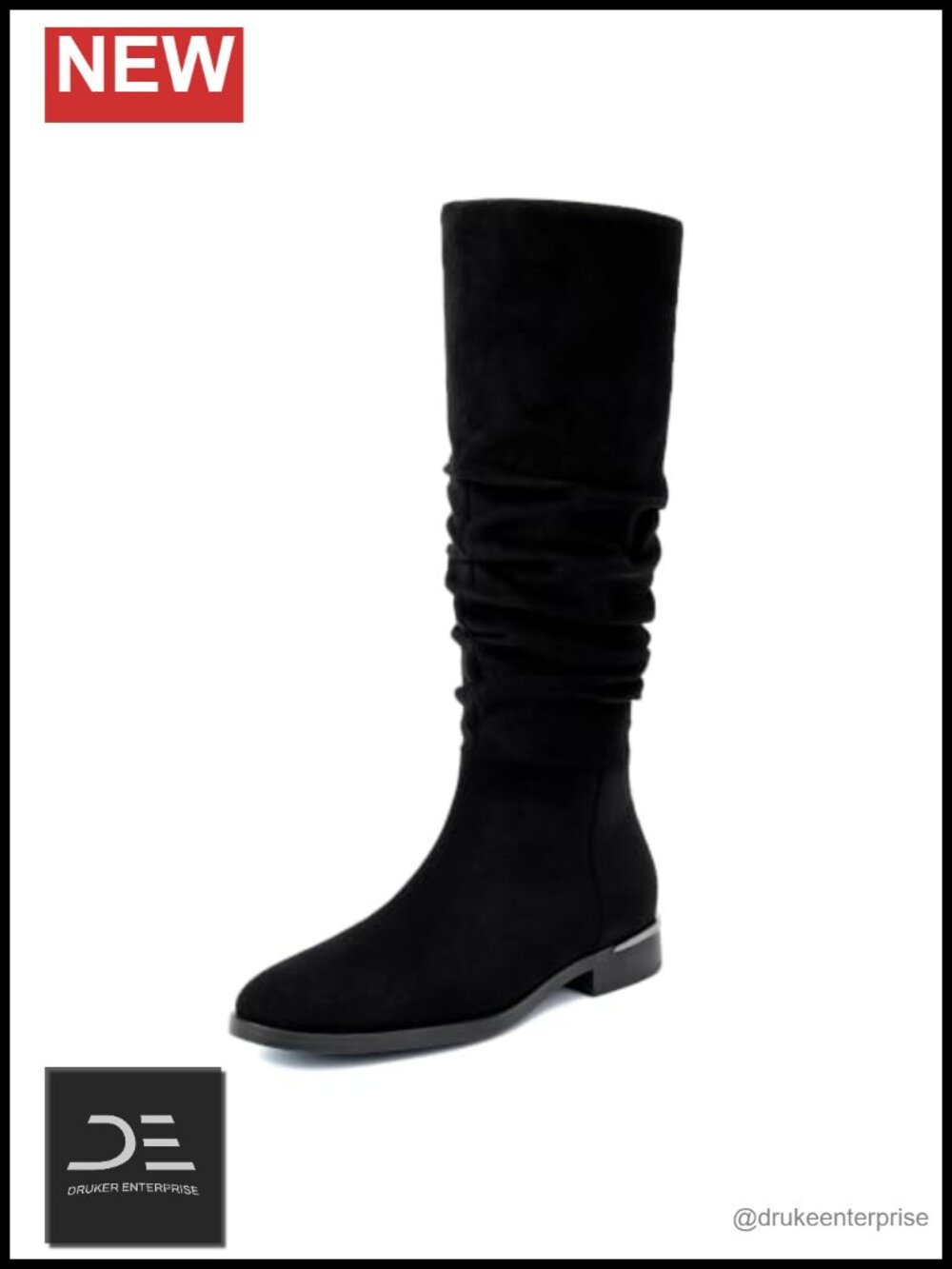 Slouchy Ruched Knee High Boots for Women - Faux Suede, Flat Heel, Side Zipper